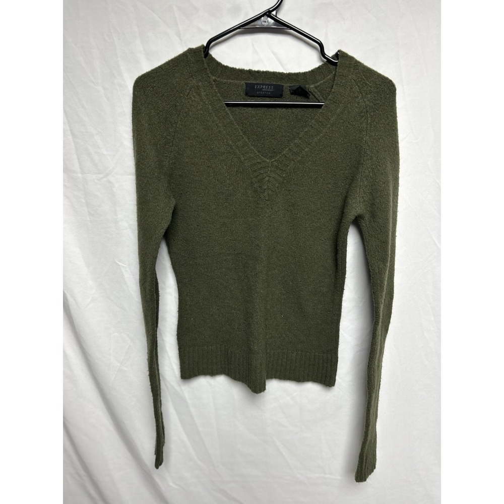 EXPRESS V-Neck Lightweight Knit Sweater Wool Blend Olive Green Y2K Women's Med